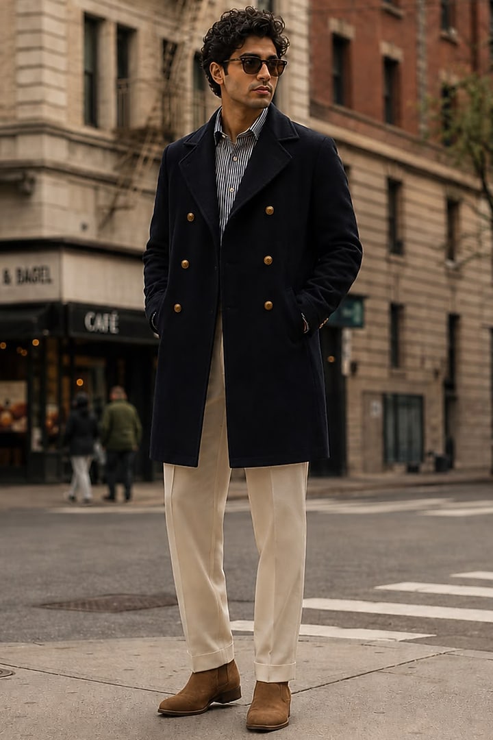 Navy Blue Wool Double-Breasted Trench Coat Set by JORAH MEN at Pernia's Pop Up Shop