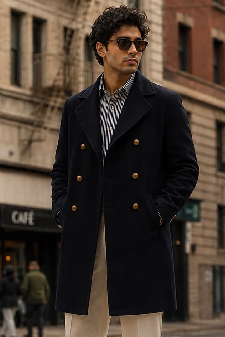 Navy Blue Wool Double-Breasted Trench Coat Set by JORAH MEN at Pernia's Pop Up Shop