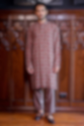 Beige Silk Floral Printed & Dabka Embroidered Kurta Set by JORAH MEN at Pernia's Pop Up Shop