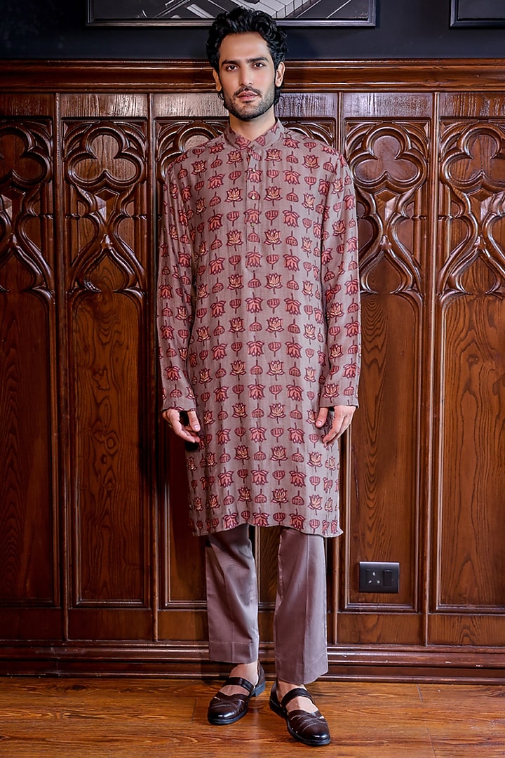 Beige Silk Floral Printed & Dabka Embroidered Kurta Set by JORAH MEN at Pernia's Pop Up Shop