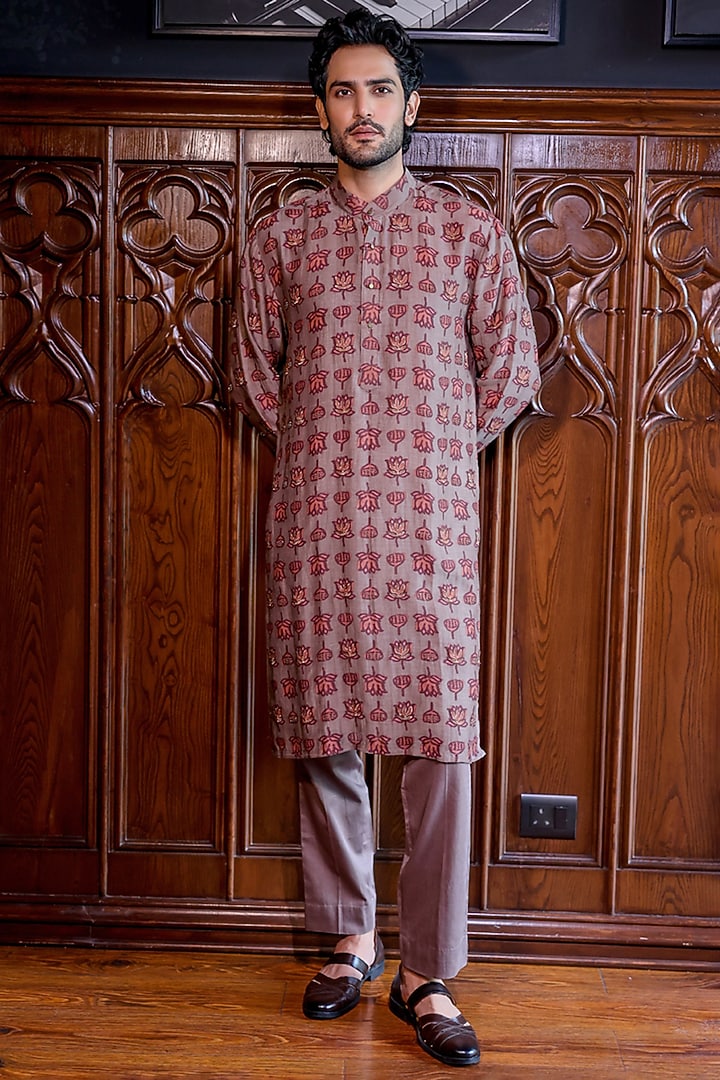 Beige Silk Floral Printed & Dabka Embroidered Kurta Set by JORAH MEN at Pernia's Pop Up Shop