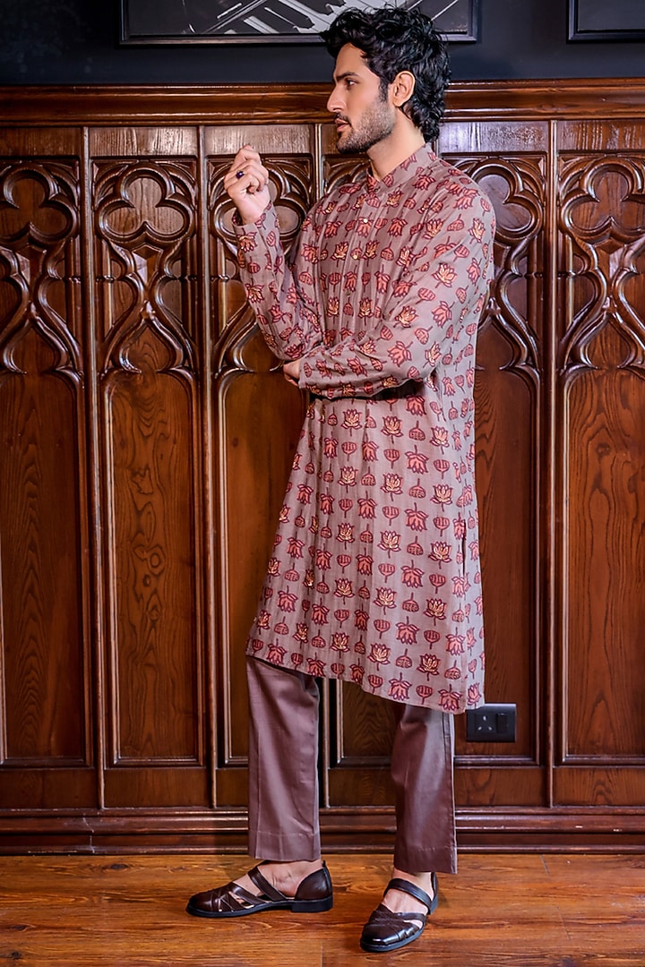 Beige Silk Floral Printed & Dabka Embroidered Kurta Set by JORAH MEN at Pernia's Pop Up Shop