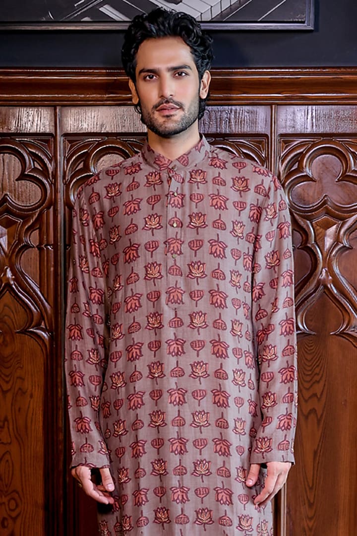Beige Silk Floral Printed & Dabka Embroidered Kurta Set by JORAH MEN at Pernia's Pop Up Shop