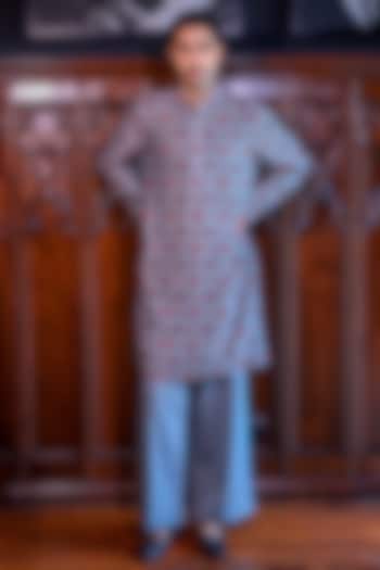 Blue Silk Floral Printed & Dabka Embroidered Kurta Set by JORAH MEN at Pernia's Pop Up Shop