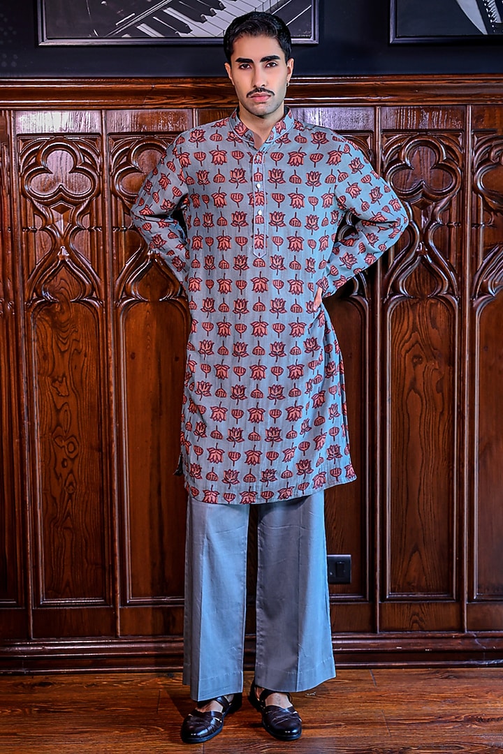 Blue Silk Floral Printed & Dabka Embroidered Kurta Set by JORAH MEN at Pernia's Pop Up Shop