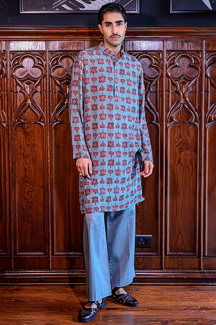 Blue Silk Floral Printed & Dabka Embroidered Kurta Set by JORAH MEN at Pernia's Pop Up Shop