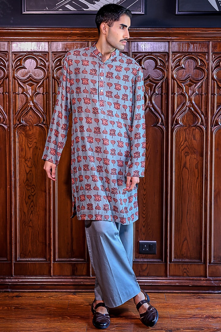 Blue Silk Floral Printed & Dabka Embroidered Kurta Set by JORAH MEN at Pernia's Pop Up Shop