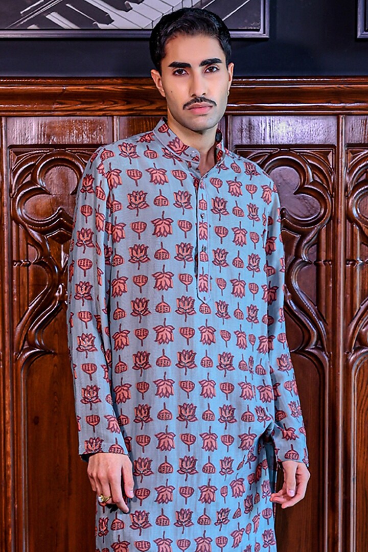 Blue Silk Floral Printed & Dabka Embroidered Kurta Set by JORAH MEN at Pernia's Pop Up Shop