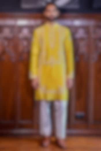 Sunshine Yellow Chanderi & Cotton Dori Embroidered Kurta Set by JORAH MEN at Pernia's Pop Up Shop