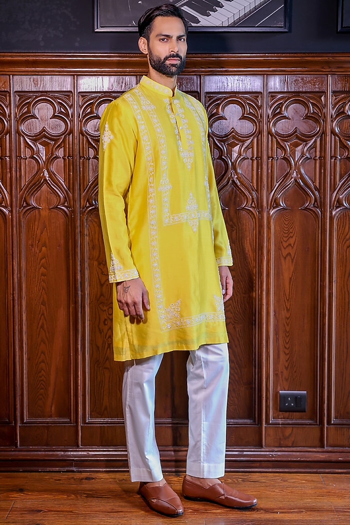 Sunshine Yellow Chanderi & Cotton Dori Embroidered Kurta Set by JORAH MEN at Pernia's Pop Up Shop