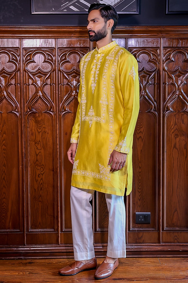 Sunshine Yellow Chanderi & Cotton Dori Embroidered Kurta Set by JORAH MEN at Pernia's Pop Up Shop