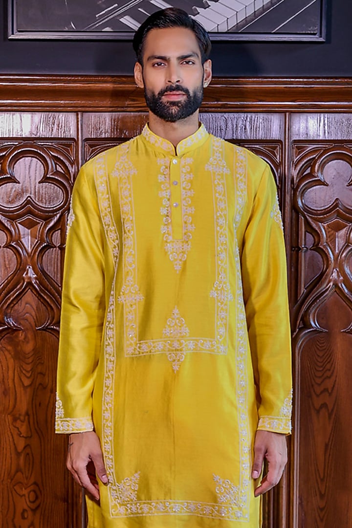 Sunshine Yellow Chanderi & Cotton Dori Embroidered Kurta Set by JORAH MEN at Pernia's Pop Up Shop