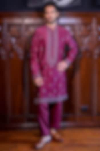 Wine Chanderi & Cotton Dori Embroidered Kurta Set by JORAH MEN at Pernia's Pop Up Shop