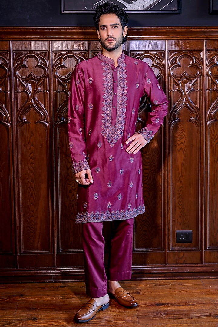 Wine Chanderi & Cotton Dori Embroidered Kurta Set by JORAH MEN at Pernia's Pop Up Shop