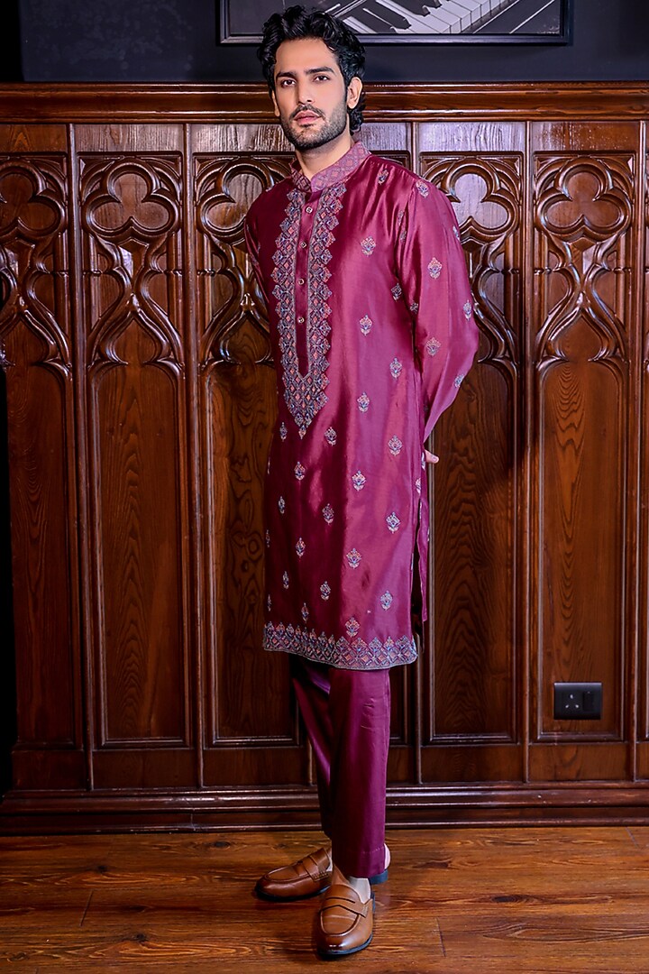 Wine Chanderi & Cotton Dori Embroidered Kurta Set by JORAH MEN at Pernia's Pop Up Shop