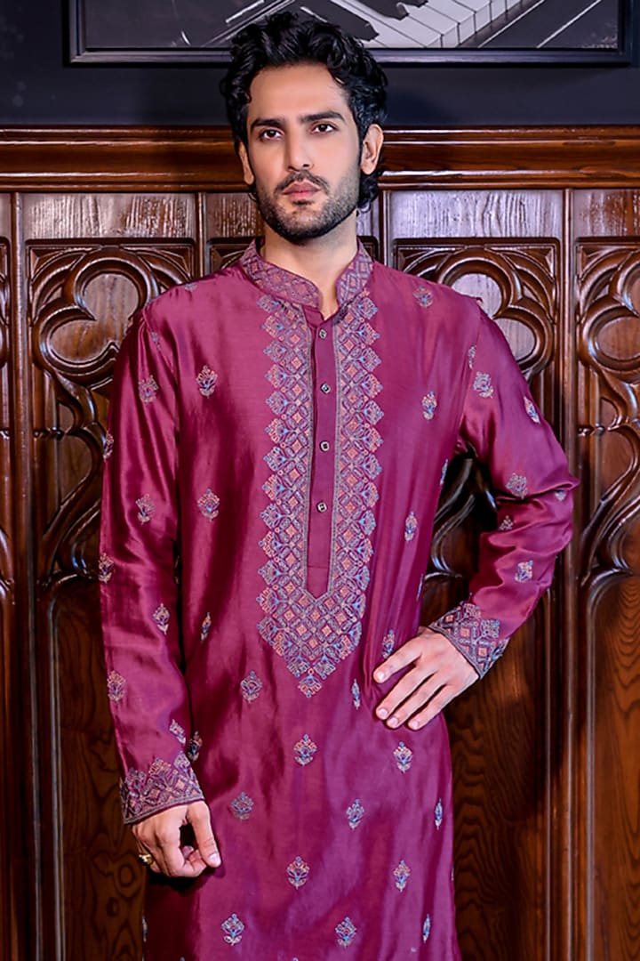 Wine Chanderi & Cotton Dori Embroidered Kurta Set by JORAH MEN at Pernia's Pop Up Shop