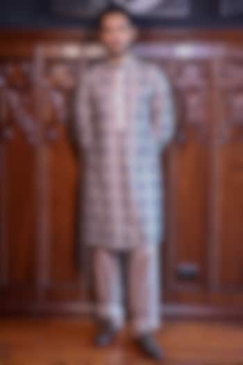 Beige Chanderi Ikat Printed & Embroidered Kurta Set by JORAH MEN at Pernia's Pop Up Shop