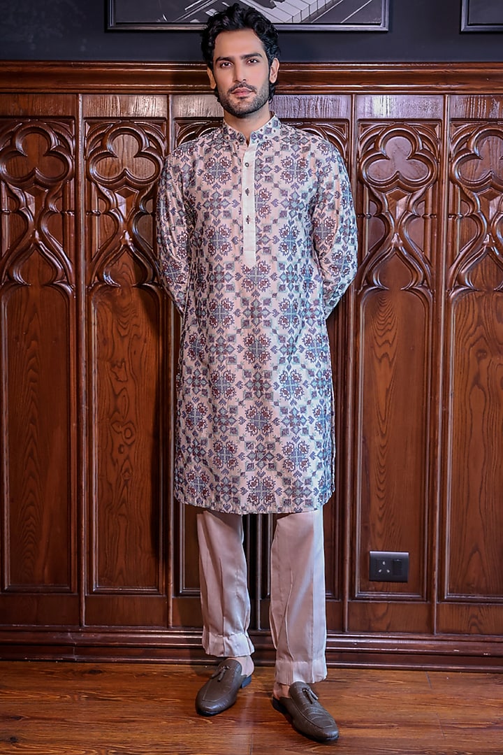 Beige Chanderi Ikat Printed & Embroidered Kurta Set by JORAH MEN at Pernia's Pop Up Shop
