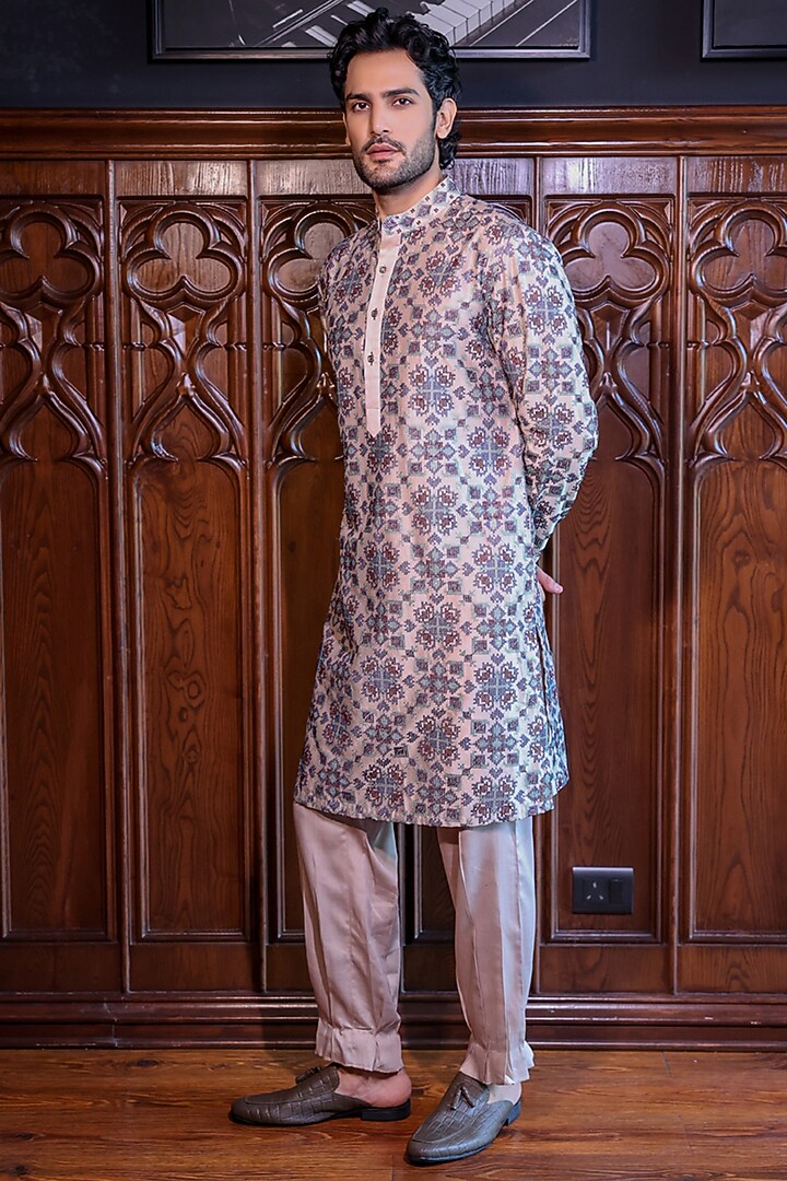 Beige Chanderi Ikat Printed & Embroidered Kurta Set by JORAH MEN at Pernia's Pop Up Shop