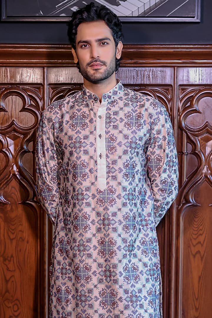 Beige Chanderi Ikat Printed & Embroidered Kurta Set by JORAH MEN at Pernia's Pop Up Shop