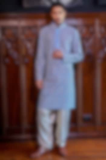 Powder Blue Chanderi Printed & Embroidered Kurta Set by JORAH MEN at Pernia's Pop Up Shop