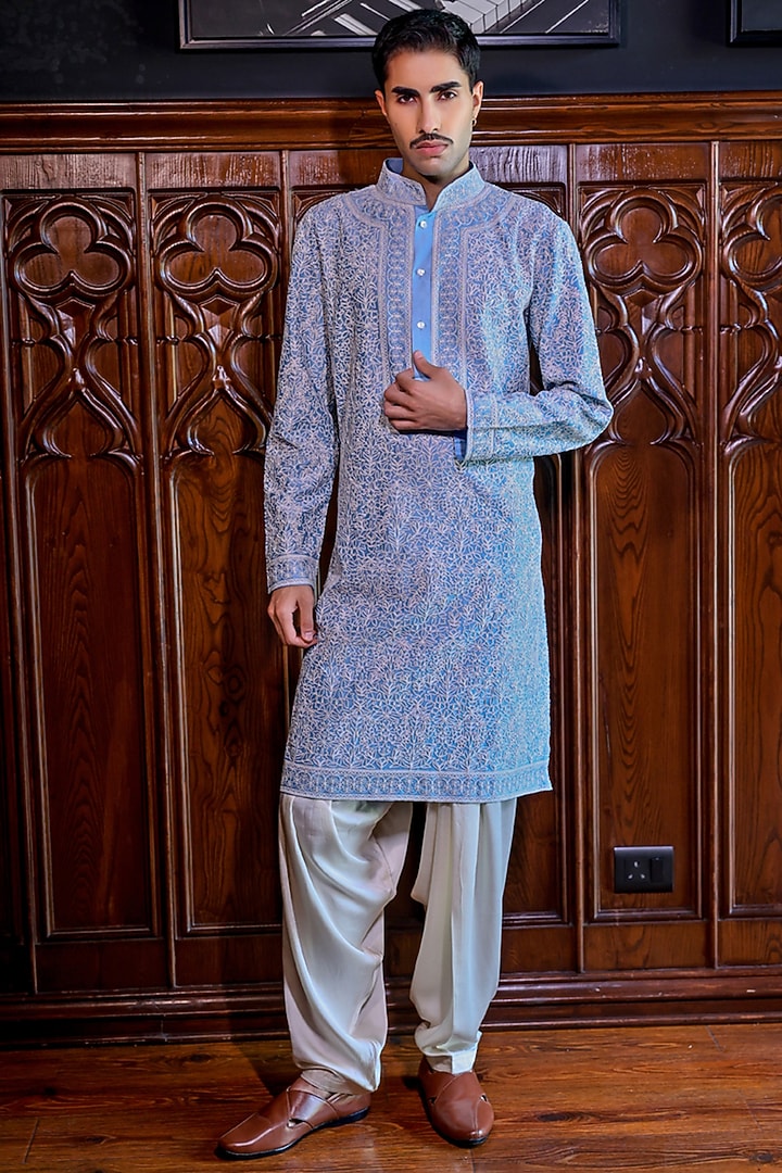 Powder Blue Chanderi Printed & Embroidered Kurta Set by JORAH MEN at Pernia's Pop Up Shop