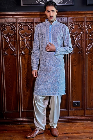 Powder Blue Chanderi Printed & Embroidered Kurta Set by JORAH MEN