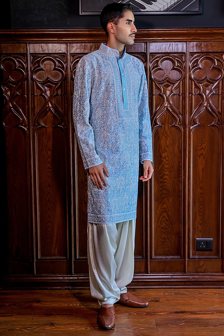 Powder Blue Chanderi Printed & Embroidered Kurta Set by JORAH MEN at Pernia's Pop Up Shop