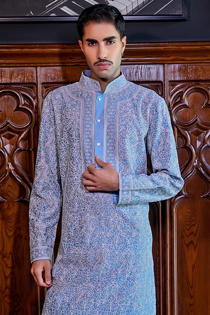 Powder Blue Chanderi Printed & Embroidered Kurta Set by JORAH MEN at Pernia's Pop Up Shop