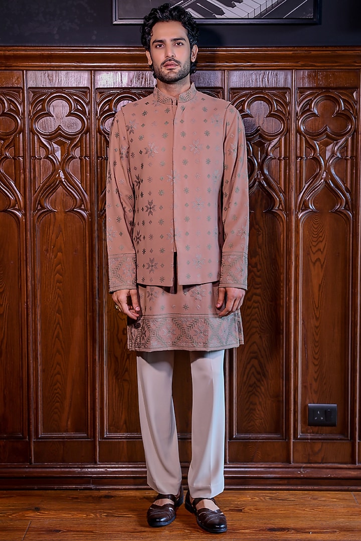 Champagne Mesh Embroidered Nehru Jacket Set by JORAH MEN at Pernia's Pop Up Shop