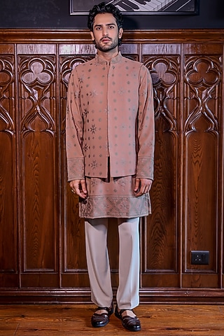 Champagne Mesh Embroidered Nehru Jacket Set by JORAH MEN