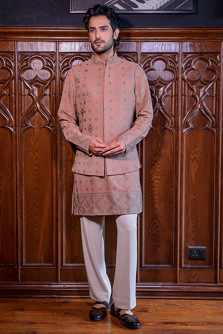 Champagne Mesh Embroidered Nehru Jacket Set by JORAH MEN at Pernia's Pop Up Shop
