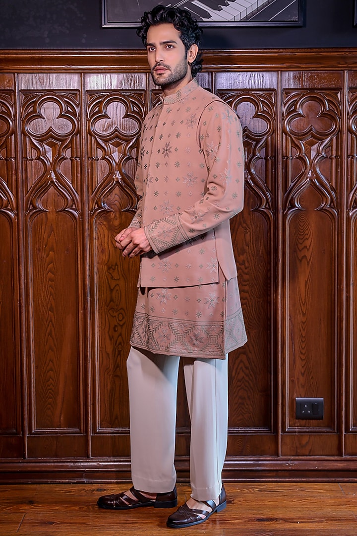 Champagne Mesh Embroidered Nehru Jacket Set by JORAH MEN at Pernia's Pop Up Shop