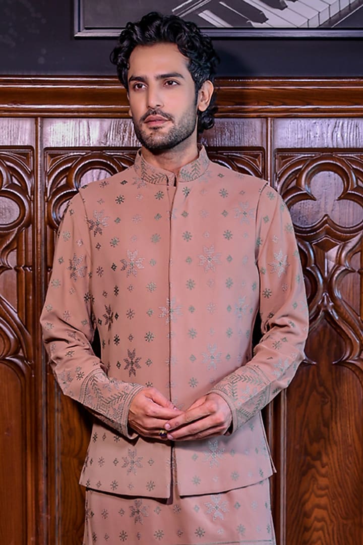 Champagne Mesh Embroidered Nehru Jacket Set by JORAH MEN at Pernia's Pop Up Shop