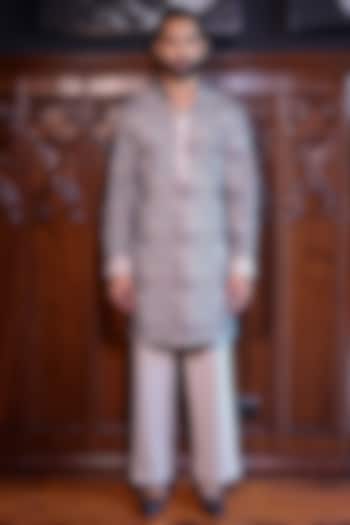 Beige Mesh Printed & Threadwork Kurta Set by JORAH MEN at Pernia's Pop Up Shop