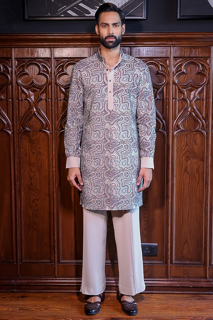 Beige Mesh Printed & Threadwork Kurta Set by JORAH MEN at Pernia's Pop Up Shop