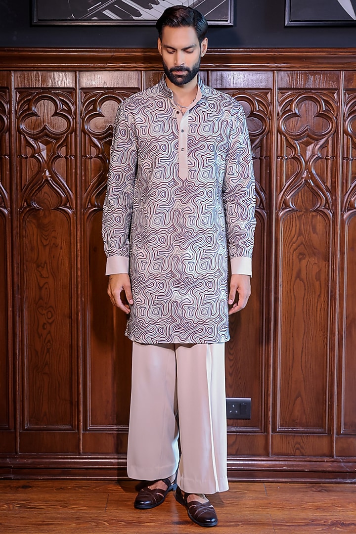 Beige Mesh Printed & Threadwork Kurta Set by JORAH MEN at Pernia's Pop Up Shop