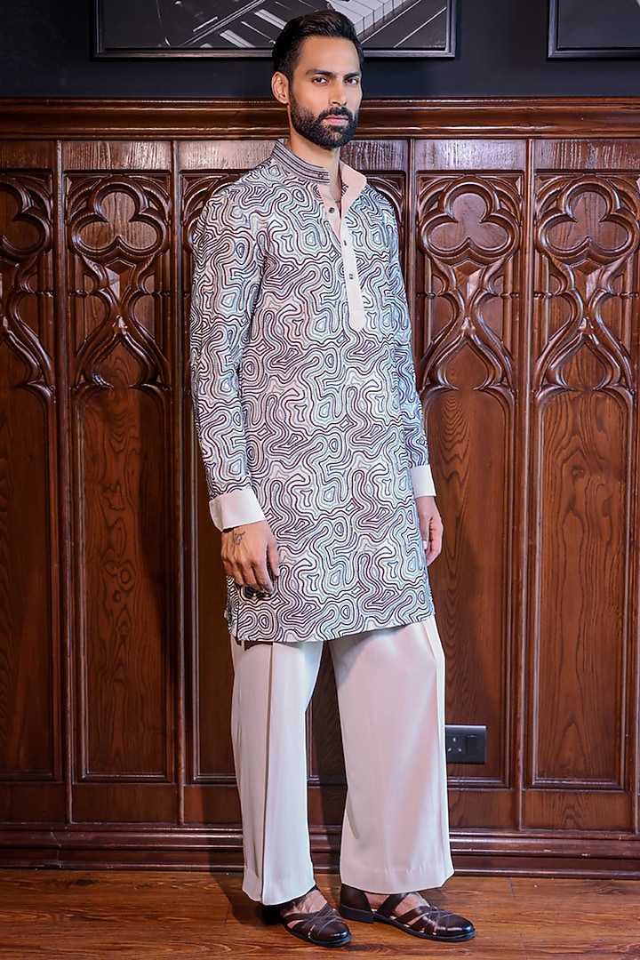 Beige Mesh Printed & Threadwork Kurta Set by JORAH MEN at Pernia's Pop Up Shop