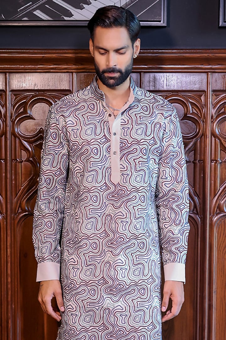 Beige Mesh Printed & Threadwork Kurta Set by JORAH MEN at Pernia's Pop Up Shop
