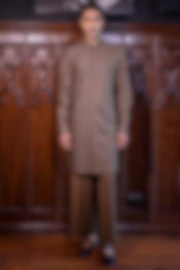 Dark Chocolate Mesh Printed & Threadwork Kurta Set by JORAH MEN at Pernia's Pop Up Shop