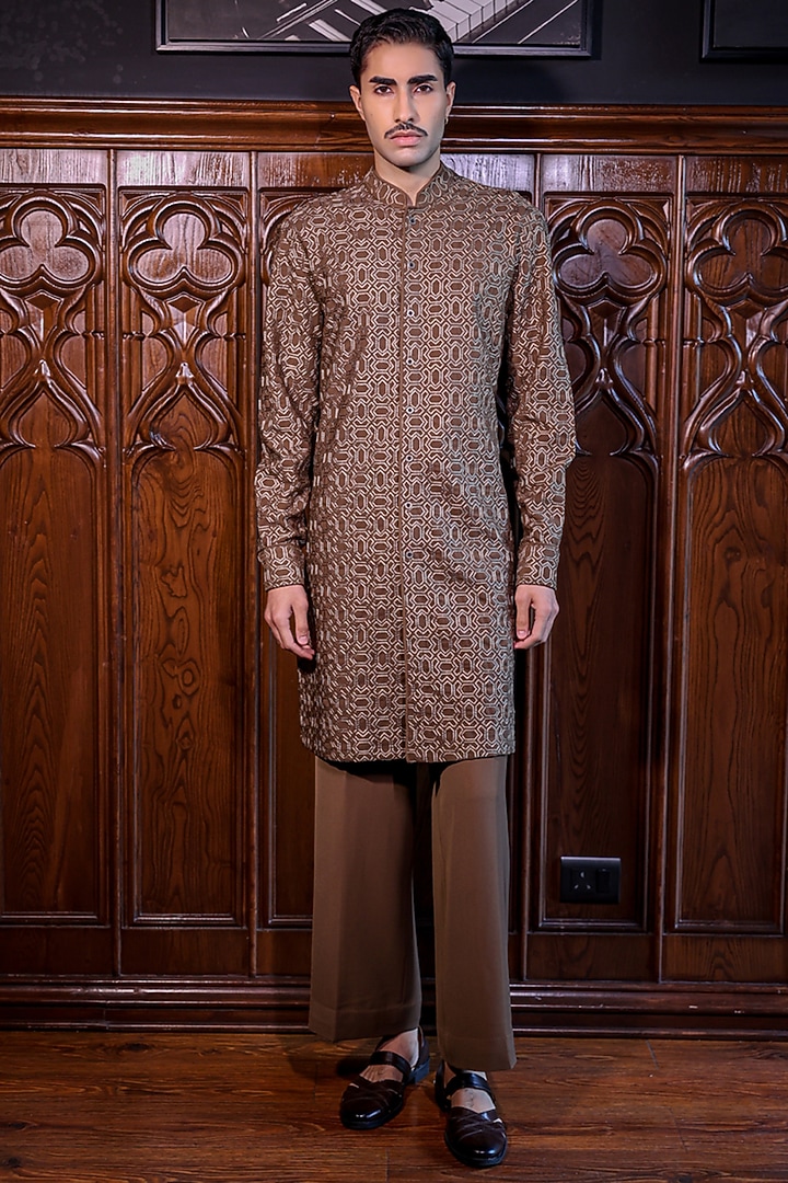 Dark Chocolate Mesh Printed & Threadwork Kurta Set by JORAH MEN at Pernia's Pop Up Shop