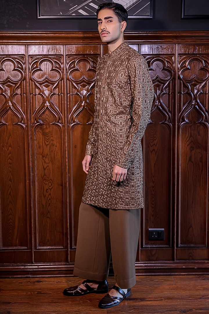 Dark Chocolate Mesh Printed & Threadwork Kurta Set by JORAH MEN at Pernia's Pop Up Shop