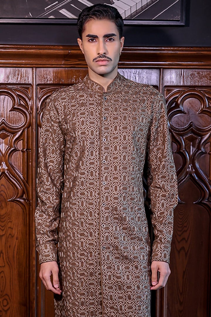 Dark Chocolate Mesh Printed & Threadwork Kurta Set by JORAH MEN at Pernia's Pop Up Shop