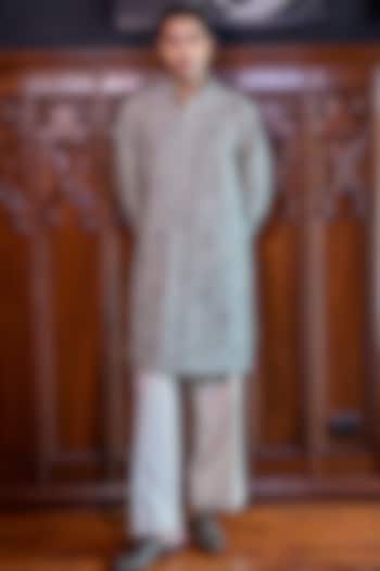 Sage Green Mesh Printed & Embroidered Kurta Set by JORAH MEN at Pernia's Pop Up Shop