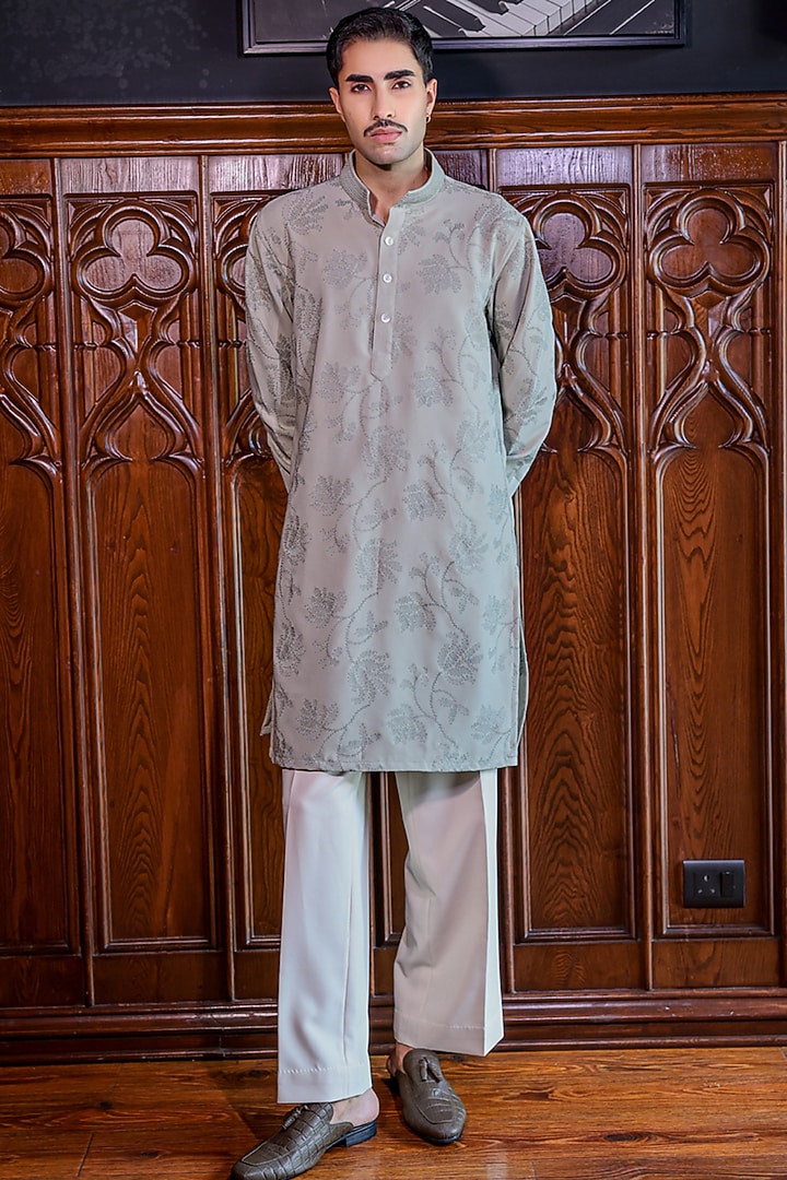 Sage Green Mesh Printed & Embroidered Kurta Set by JORAH MEN at Pernia's Pop Up Shop
