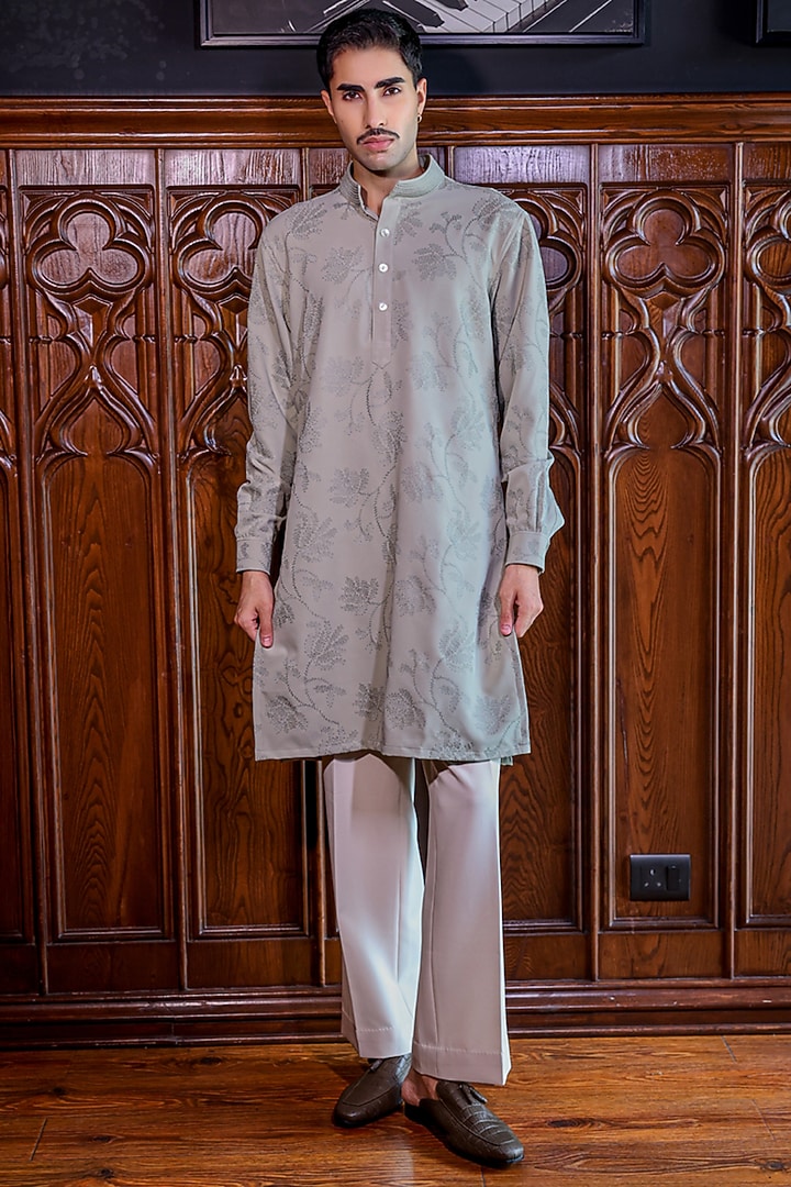 Sage Green Mesh Printed & Embroidered Kurta Set by JORAH MEN at Pernia's Pop Up Shop