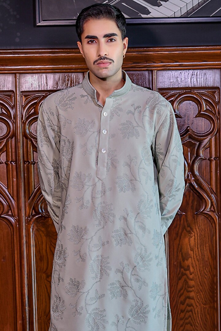 Sage Green Mesh Printed & Embroidered Kurta Set by JORAH MEN at Pernia's Pop Up Shop