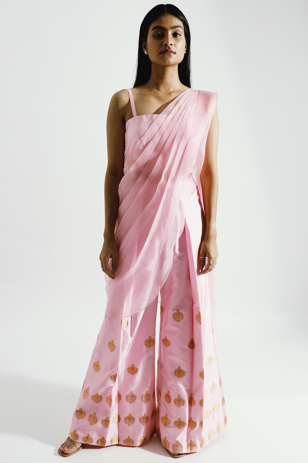 Pink Handwoven Pant Party Wear Saree Set by Joskai Studio at Pernia's Pop Up Shop