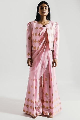 Pink Pant Saree Set With Jacket by Joskai Studio