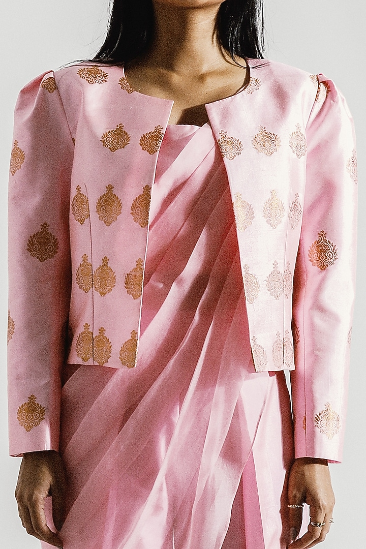 Pink Pant Wedding Saree Set With Jacket by Joskai Studio at Pernia's Pop Up Shop